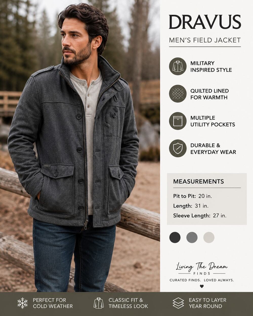 Dravus Men's Gray Wool Blend Military Field Jacket Coat Quilted Lined Size Large